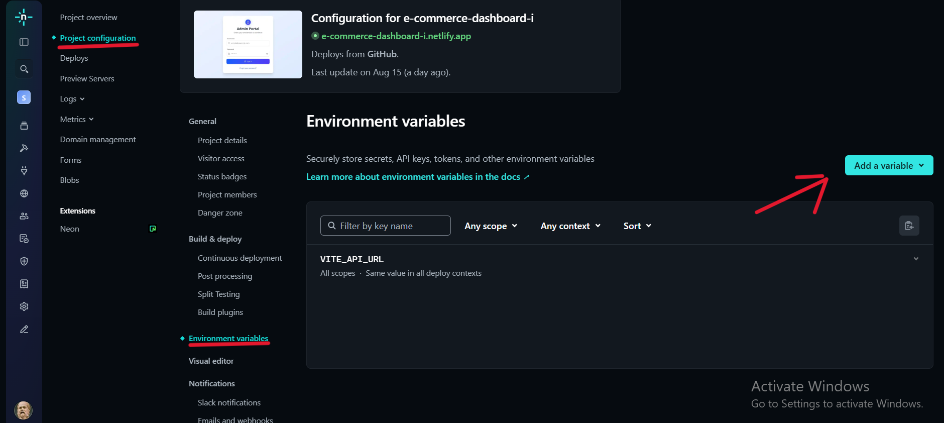 Netlify environment variables location