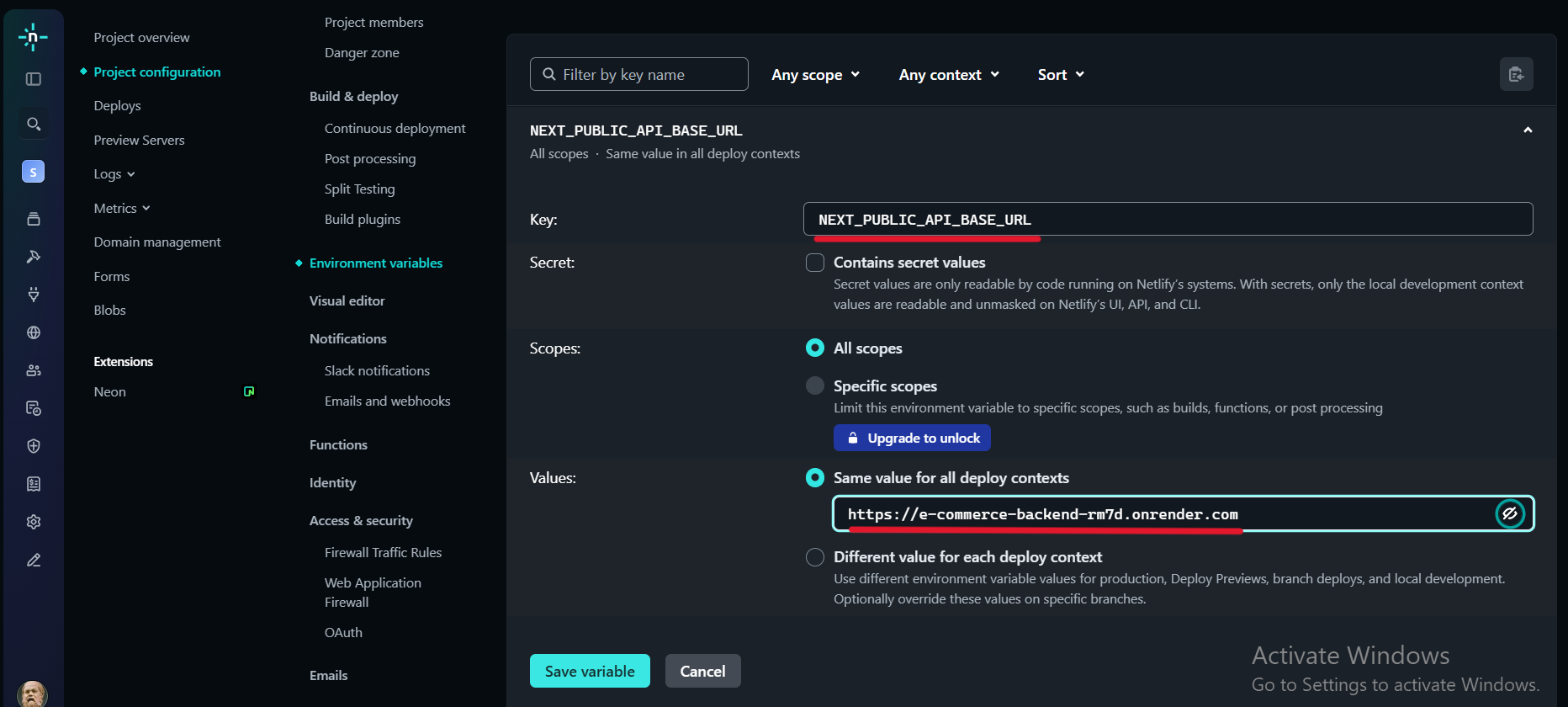 E-commerce app variables