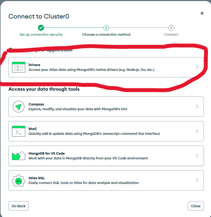 Connect to cluster showing credentials and connection string