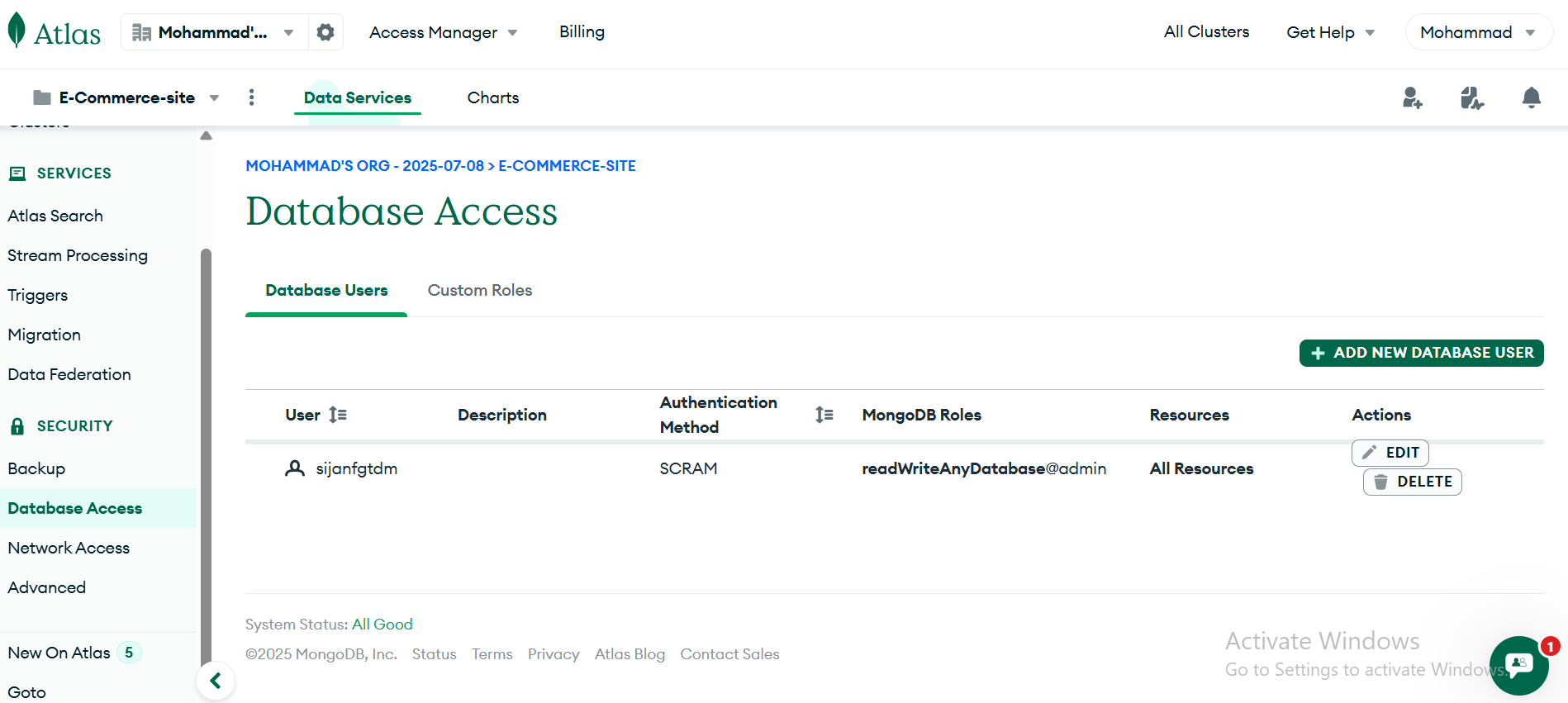 Database user creation