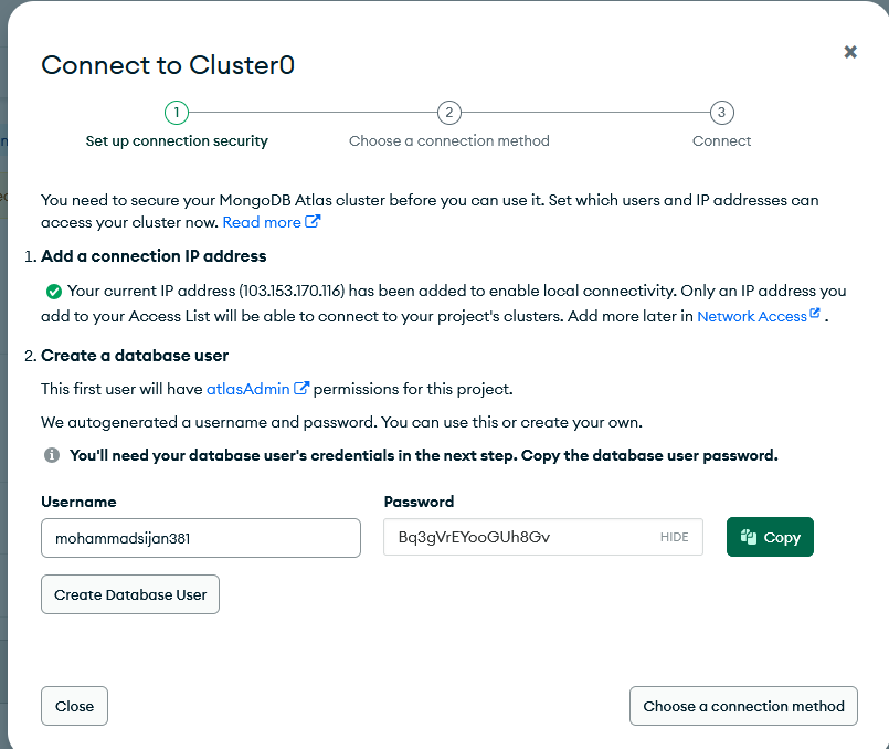 Connect to cluster showing credentials and connection string